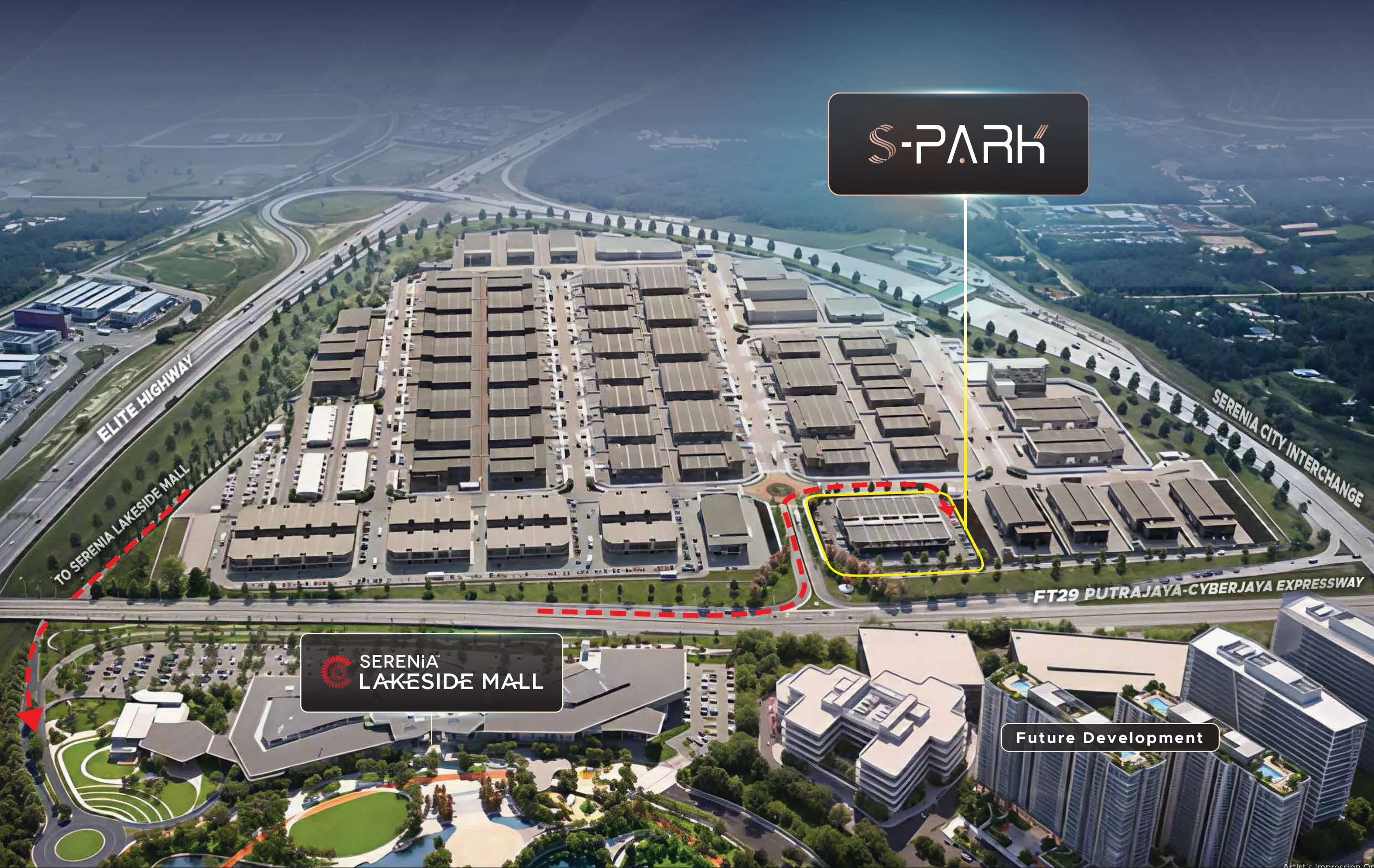 Aerial view of S-Park location at Serenia Industrial Park next to Serenia Lakeside Mall, ELITE Highway and FT29 Putrajaya-Cyberjaya Expressway